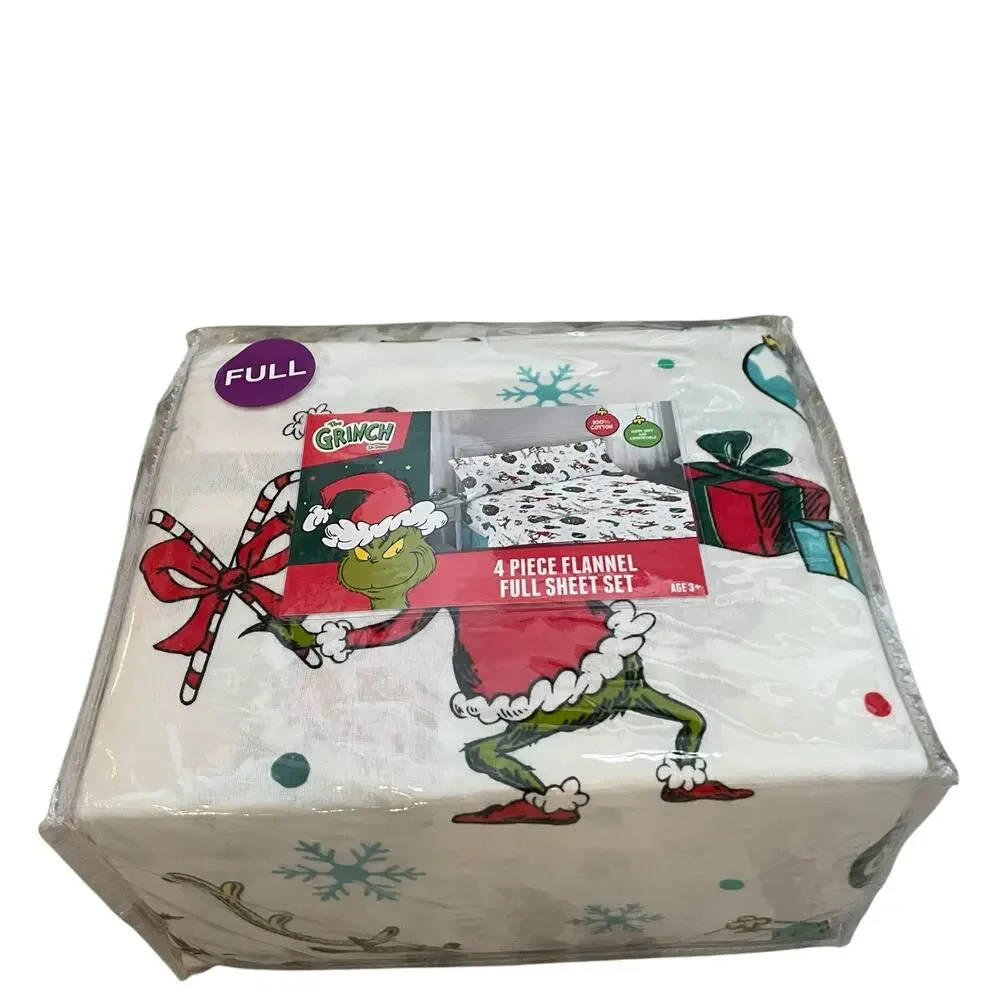 Dr. Seuss The Grinch FULL Flannel Sheet Set 4pc 100% Cotton Merry Grinchmas NEW